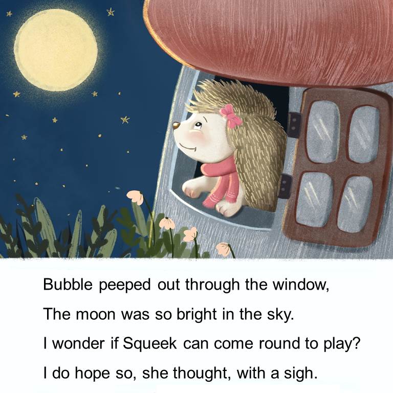 Bubble looking out of her window at the moon