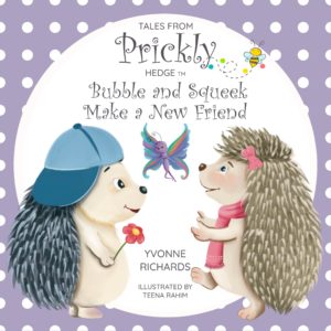 lilac and white polka dot background, bubble, squeek and belinda butterfly, title and author