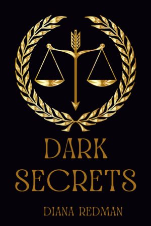 black background gold laurel wreat and scales of justice, book title and author