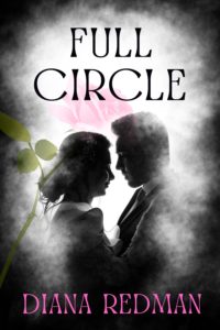 black background, white hazy circle, black silhouette couple with faded pink rose, title and author