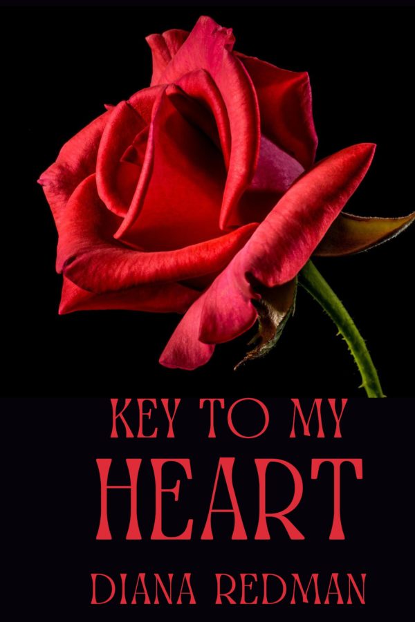 black background, red rose, title and author