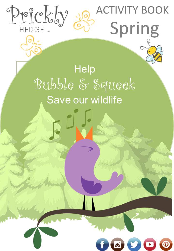 front page of Spring workbook with cartoon purple bird on branch singing with trees in background