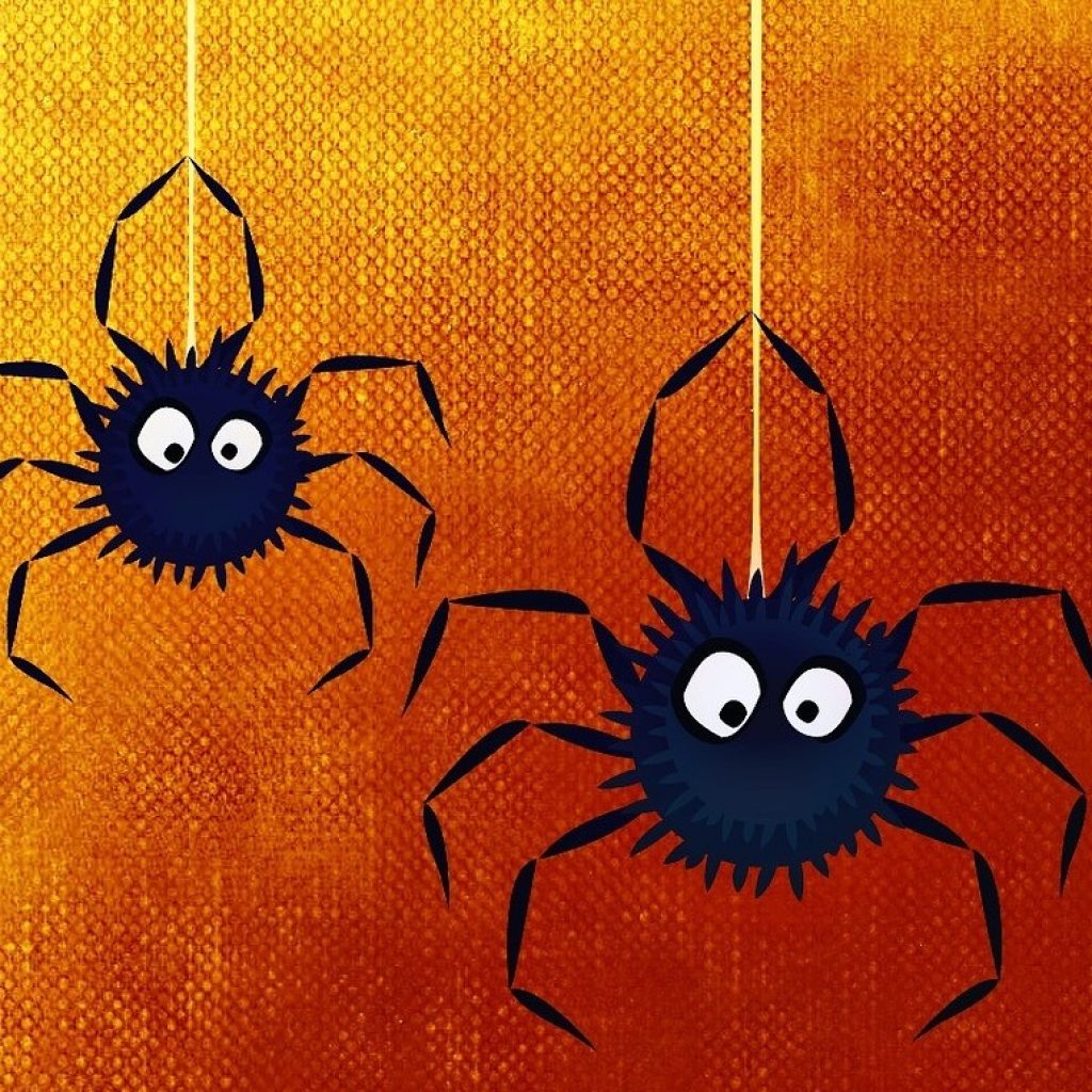 two black cartoon spiders on orange background