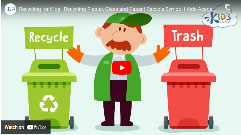youtube art, cartoon refuse man with two bins named trash and recycle