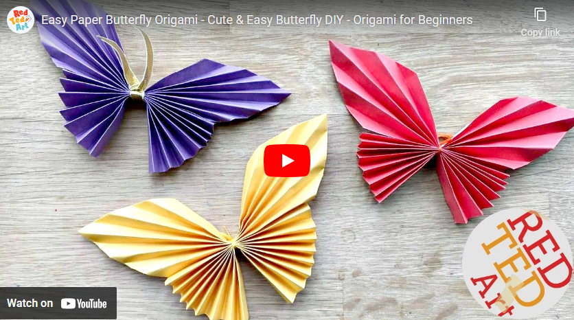 youtube art, purple, pink and yellow folded paper butterflies